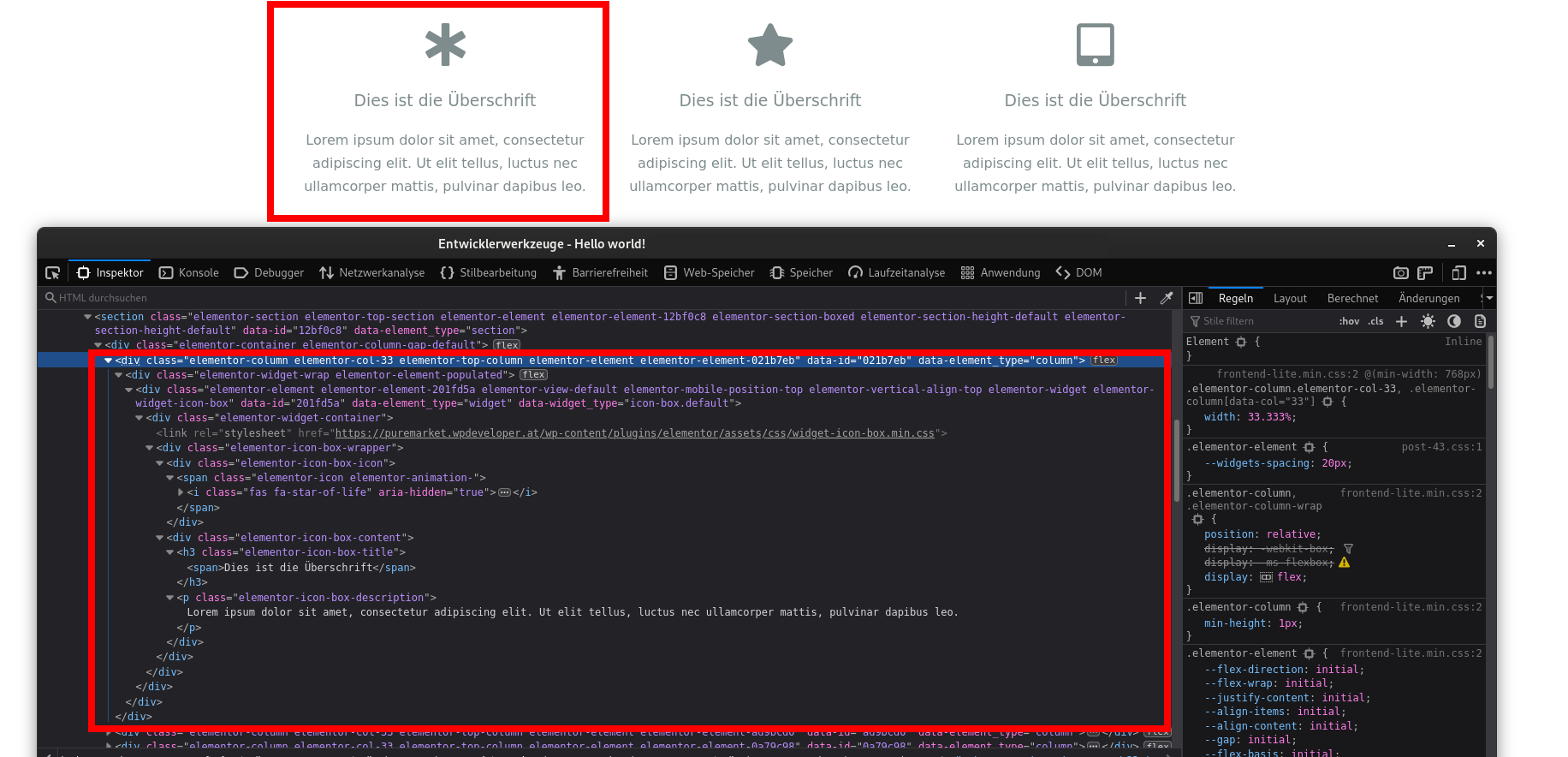 Das Bild zeigt ein Beispiel vom Page Builder "Elementor" für eine gute HTML-Struktur eine Grids mit Flexbox.